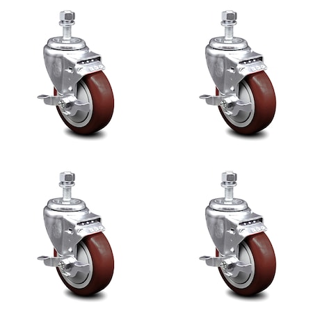 Service Caster 4 Inch Maroon Polyurethane Swivel 1/2 Inch Threaded Stem Caster Set with Brake SCC SCC-TS20S414-PPUB-MRN-TLB-121315-4